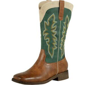 Women's Green Leather Embroidered Side Zipper Knee High Western Cowgirl Boots